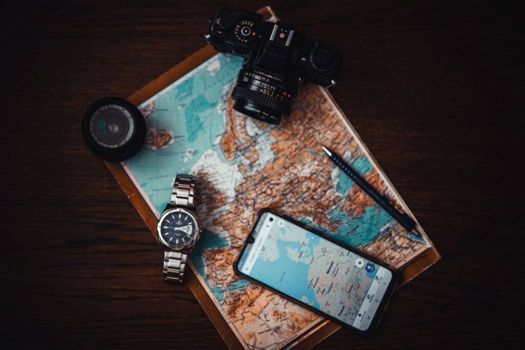Smartphone on a table showing a map while planning an evening out