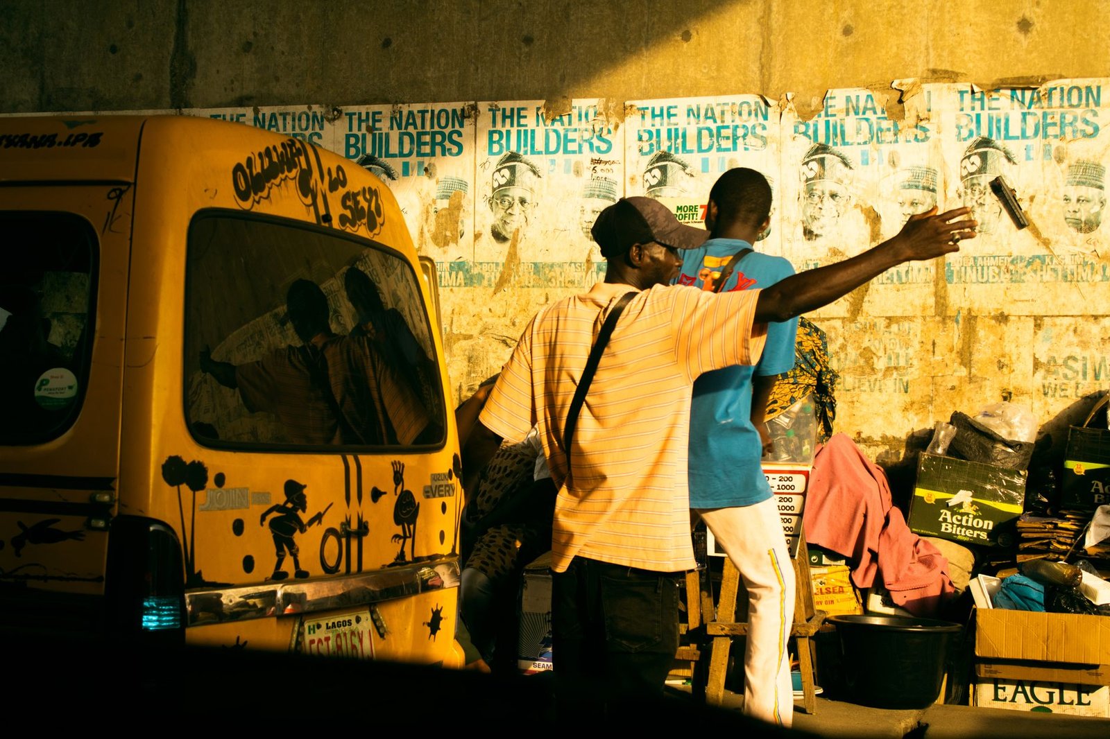 Quiet street scene in a small Nigerian town at golden hour